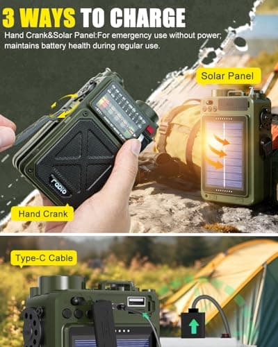 Emgykit R11 Emergency Crank Radio - 4000mAh/14800mWh NOAA/SW/AM/FM, Solar/Hand Crank/USB Charging, Bluetooth Receiver/USB/TF Playback,with Compass,Flashlight,SOS for Camping & Emergencies - Green - Thumbnail 6