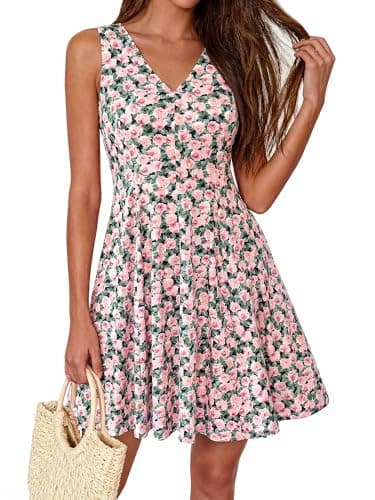 BTFBM Womens Summer Dresses 2026 Spring Casual Sleeveless Floral Knit Flowy A-Line Mini Dress Pockets Beach Sundress(Floral Black Pink, X-Large) - Image 1