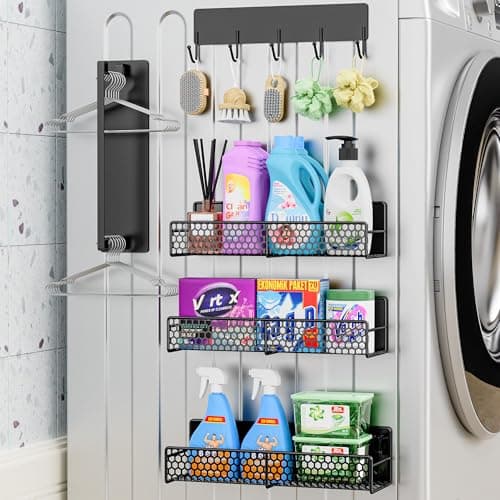 JulktLli 5 Pack Multifunctional Magnetic Shelves for Washing Machine & Refrigerator - Heavy Duty Laundry Room Organization System with Tool Hooks, Metal Storage Baskets (Black) - Image 1