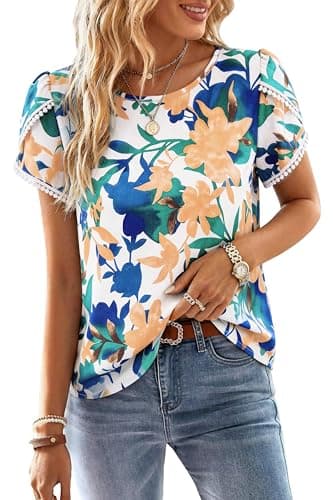 PRETTYGARDEN Womens Spring Tops 2026 Casual Crewneck Lace Crochet Short Sleeve Shirts Floral Boho Blouse Loose Tunic Top(White Blue Flower,X-Small) - Image 1