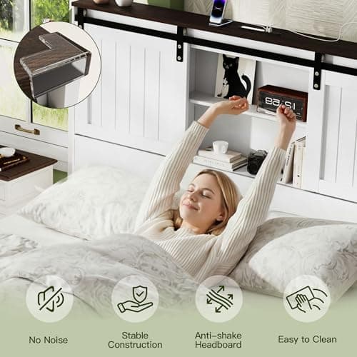 Uteeran Queen Size Bed Frame with Storage, Sliding Barn Door, Farmhouse Wood Platform Bed with Reading Light and Charging Station, Wood Slats Support, Easy Assembly, Noise-Free, Antique White - Thumbnail 6