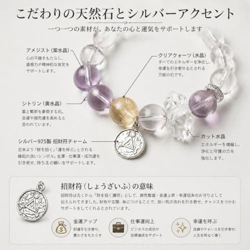 ANNIE WU Natural Amethyst Clear Quartz Citrine Crystal Bracelet, 925 Sterling Silver Accents, Adjustable 17-19cm, Healing Energy Jewelry for Women, Gift Box Included - Thumbnail 3