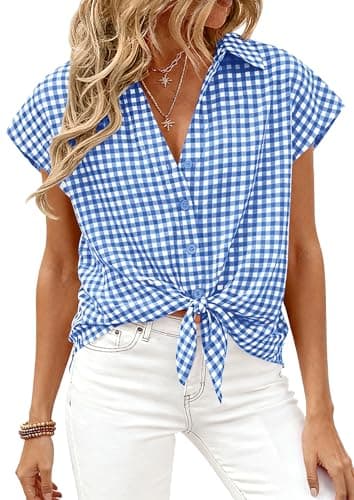 PRETTYGARDEN Womens Short Sleeve Shirts Plaid Button Down Blouse Dressy Casual 2026 Summer Spring Business Gingham Work Tops (Blue,XX-Large) - Image 1
