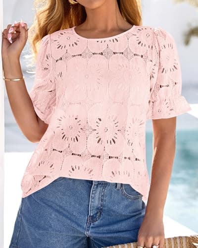 KIRUNDO Lace Tops for Women Blouses Dressy Casual Boho Eyelet Puff Short Sleeve Shirts Spring Summer Clothes Vacation Outfits(Pink, Medium) - Thumbnail 6