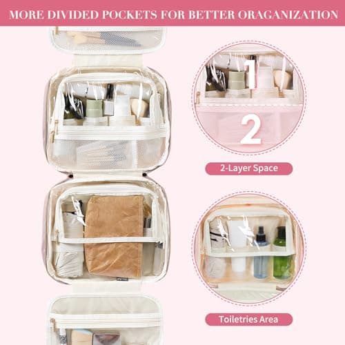 MDODO Travel Toiletry Bag for Women Hanging Cosmetic Organizer with Brush Compartment Makeup Bag for Full Sized Travel Essentials, Pinkish Purple - Thumbnail 6