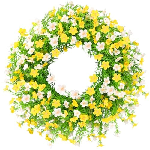 ZHWOSEE Summer Wreaths for Front Door 24 Inch Artificial Forsythia Wreaths with Colorful Silk Flowers for Home Farmhouse Indoor Outdoor Wall Décor-whiteYellow