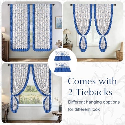 Yinhua Blue Floral Curtains for Living Room 63 Inch French Country Linen Bedroom Curtains with Ruffle Tieback, Light Filtering Flower Patterned Window Curtain Rod Pocket Back Tab Drapes, 2 Panels - Thumbnail 6