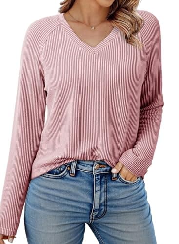 Dokotoo Womens Summer Tops Dressy Casual Long Sleeve Shirts for Women Trendy 2026 Loose Solid Date Outfits V Neck Womens Spring Outfits Soft Cozy Ribbed Knit Boho Tops for Women Gossamer Pink Large - Image 1