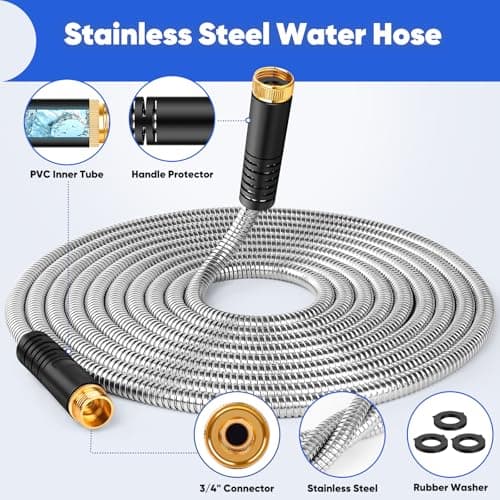 Garden Hose 50 ft, Heavy Duty Stainless Steel Metal Hose, Flexible Water Hose with 10 Function Nozzles, Kink Free, Leak-Proof, Easy to Use and Store for Outdoor, Yard, Lawn, RV, Car Wash - Thumbnail 3