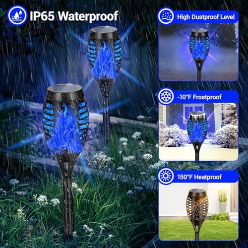 AOUNQ 4 Pack Solar Torch Lights Outdoor Waterproof - Blue Flickering Flame, Outdoor Solar Garden Lights for Yard, Tiki Torches for Outside Patio Pathway Decorations - Thumbnail 4