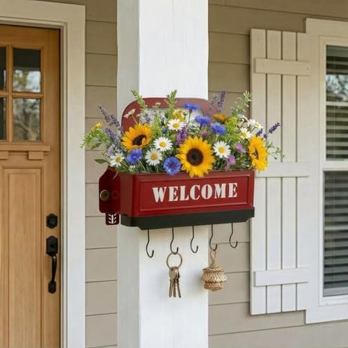 Truck Farmhouse Key Rack & Rustic Metal Wall Planter,Wall Mounted Flower Pot with Hooks, Hanging Plant Holder & Entryway Organizer for Indoor Outdoor Garden, Patio, Balcony, Farmhouse Decor (Red) - Thumbnail 2