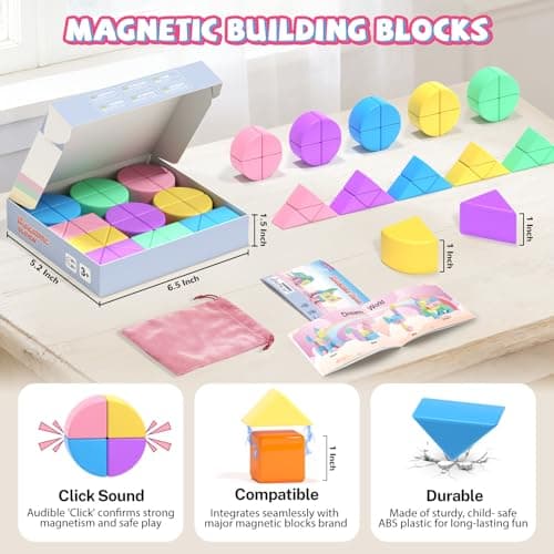 Hiwawind 40Pcs Magnetic Blocks, 1-Inch Soft Rainbow Magnetic Cubes (Triangles & Quarter Circles), Montessori Sensory Autism Toys for Boys & Girls, for Kids Ages 3+ - Thumbnail 3