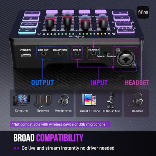 FIFINE Gaming Audio Mixer, Streaming RGB PC Mixer with XLR Microphone Interface, Individual Control, Volume Fader, Mute Button, 48V Phantom Power, for Podcast/Recording/Vocal/Game Voice-AmpliGame SC3 - Thumbnail 4