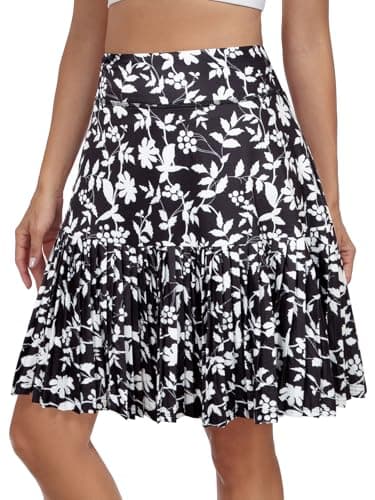 KORALHY 21" Golf Skorts with Pockets Pleated Tennis Skirts with Shorts Knee Length Skort for Athletic, Workout, Casual Wear Black Leaves M - Thumbnail 2