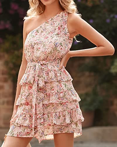 BTFBM Women One Shoulder Summer Dresses 2025 Floral Sundress High Waist Flowy A Line Mini Beach Fall Wedding Guest Dress(Floral Pink, Small) - Thumbnail 5