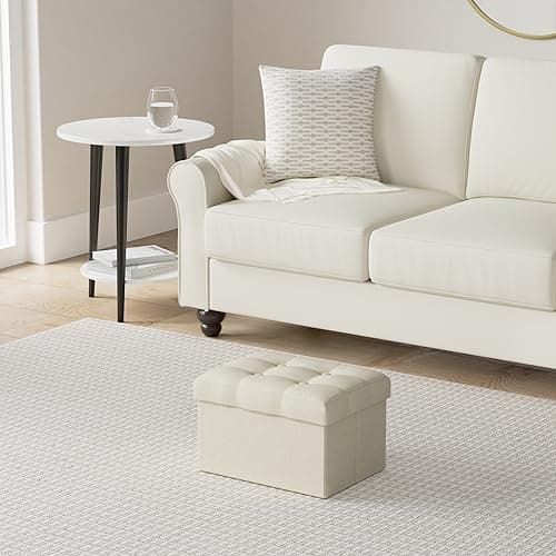 LINMAGCO Ottoman Storage Ottoman with Storage Small Foot Rest Stool Under Desk Stool Short Folding Footrest Linen Cloth Beigh 16X12X12IN - Thumbnail 2