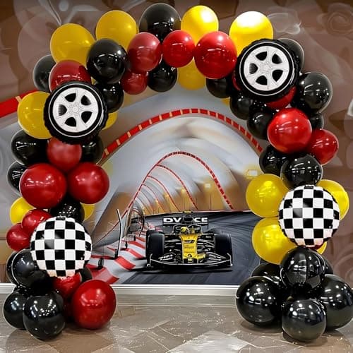 Race Car Balloon Garland Arch Kit, 160Pcs Red Yellow Black Latex Balloons Wheel Checkered Foil Balloons for Racing Car Two Fast 2nd Birthday Party Decorations - Thumbnail 3