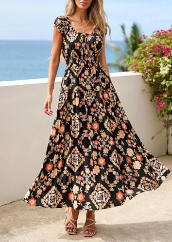 PRETTYGARDEN Boho Maxi Dresses for Women 2026 Summer Floral Wedding Guest Dress Resort Wear Spring Long Flowy Beach Sundress (Black Multicolored Floral,XX-Large) - Thumbnail 2