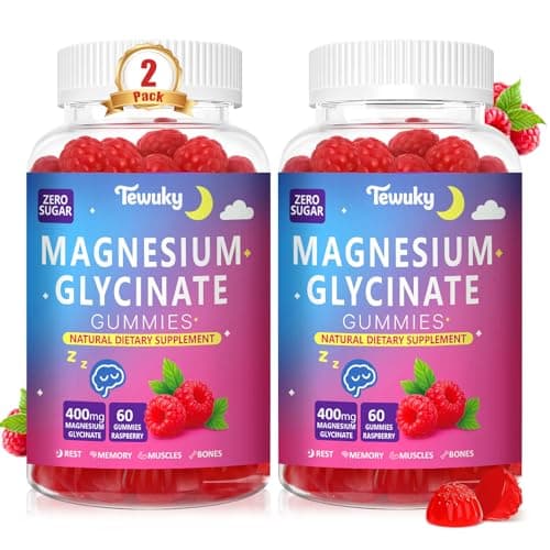 Magnesium Glycinate Gummies 400mg - Sugar Free Vegan Gummies for Adults & Kids with Vitamin D3, B6, C, CoQ10, Collagen, Zinc - Sleep, Muscle, Bone & Memory Support - 60 Raspberry Chewables / 2 Pack - Image 1