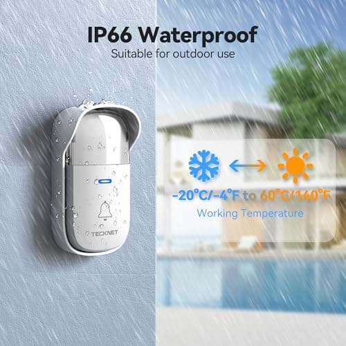 TECKNET Self-Powered Wireless Doorbell Kit - Plug-Through Door Bell with RGB Light, 60 Chimes & 5 Volume Levels, IP66 Waterproof Classroom Doorbell, 1000ft Range Doorbells for Home/Office - Thumbnail 6