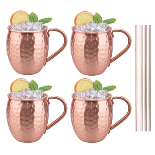 TJ Moscow Mule Mugs Set of 4, 100% Pure Copper Cups 17 oz, Handcrafted Copper Mugs w/Straws, Tarnish Resistant, Gift for Cold Drinks Cocktail Beer Wine Party Bar - Image 1
