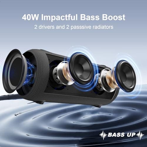 Passau Portable Bluetooth Speakers Loud 40W Peak Stereo Sound, Passive Radiators-Deep Bass, All Day Playtime, Adjustable Strap, BT5.3, IPX5 Wireless Speaker RGB Lights for Indoor Outdoor - Thumbnail 2