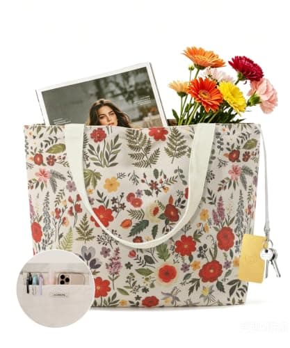 J.Corrine English Garden Wildflower Canvas Tote Bag - Large Aesthetic Zippered Handbag with Inner Pocket & Key Hook - Reusable Shoulder Bag for Mom & Errands - Image 1