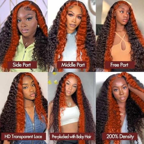 FFEGG 250 density Ginger Deep Wave Lace Front Wigs Human Hair Pre Plucked Hairline Glueless Wigs for Women 13x6 HD Lace Front Wigs Ginger Orange Curly Human Hair Wig Brazilian Hair 30 Inch - Thumbnail 6