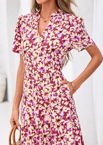 KIRUNDO Womens Summer Floral Maxi Dress Short Sleeve V Neck Boho Long Flowy Casual A Line Dresses 2026 Beach Vacation Outfits(Purple Flower, Medium) - Thumbnail 4
