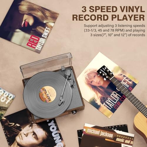 Bluetooth Vinyl Record Player,3-Speed Turntable with Stereo Speakers Vintage Phonograph Record Player, with RCA Line Out AUX in Headphone Jack Coffee Wood - Thumbnail 5