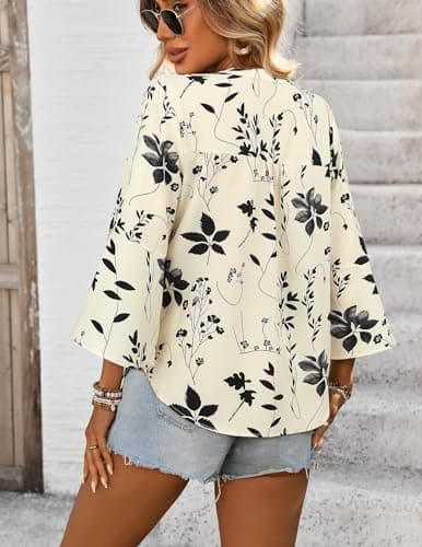 LOOKBOHO Womens Blouses Dressy Casual Ruffle 3/4 Sleeve Boho Tops Button V-Neck Floral Work Shirts Black S - Thumbnail 3