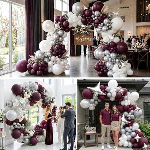 Double Stuffed Burgundy, Pearl White, Silver Balloon Arch Garland Kit - Thumbnail 6