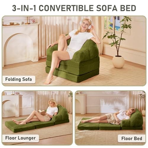 wanan Folding Sofa Bed, 3-in-1 Convertible Boneless Couch with Handle, Floor Lounger & Sleeper Chair for Adults, Comfy Folding Couch Single Sofa for Living Room Bedroom, Green - Thumbnail 4