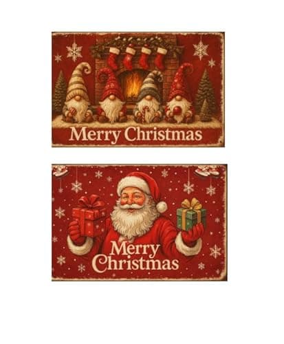 Carastora2-pack Vintage Christmas Metal Tin Sign - 8 x 12in, featuring designs of Santa Claus and an elf. Suitable for bedroom, bathroom, and home decor, and an ideal choice for holiday gifting.