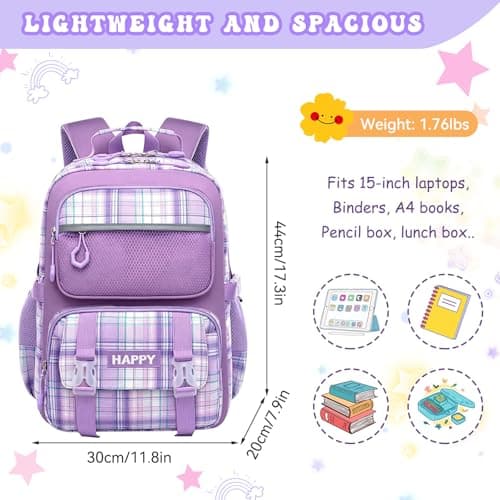 HZWLFA Backpack for Girls,Cute Plaid Backpack,Preppy Bookbag for Elementary & Middle School Students,Large Capacity School Bag,17 Inch,Purple - Thumbnail 2