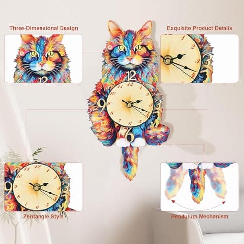 Kosmickiss 3D Wooden Puzzles for Adults, Maine Cat Mechanical Model Kits, DIY Wall Clock Puzzle, Gifts for Cat Lovers, Home Decor Creative Gifts for Men and Women, Pendulum Wood Craft - Thumbnail 3
