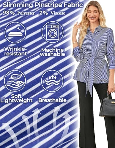 GRACE KARIN Peplum Tops for Women Tie Front Striped Button Down Shirt Collared Long Sleeve Business Casual Work Office Blouse Blue - Thumbnail 5