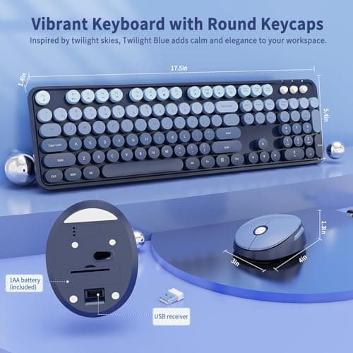 Nowlike Wireless Keyboard and Mouse Combo, Retro Typewriter Keyboard with Round Keycaps, Full-Size Ergonomic, Blue, Ideal for Windows PC, Home, Office, and College, Wireless Keyboard Mouse Combo - Thumbnail 6