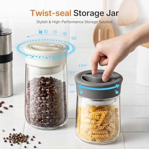 NUZEAK Airtight Coffee Bean Storage Container with Silicone Ring, Twist Seal Glass Storage Jars with lids, 500ml/17oz Wide Mouth Food Jars & Canisters for Coffee Grounds, Creamer, Candy, Flour Sugar - Thumbnail 2