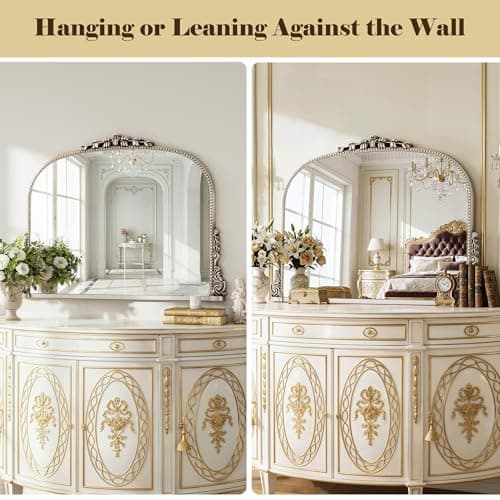26x38 inch Vintage Arched Gold Ornate Baroque Mirror - Wall Vanity Mirror with Beautiful Retro Top and Bottom Engraving Process Frame for Bathroom, Living Room, Fireplace, Entryway, HD Tempered Glass - Thumbnail 4