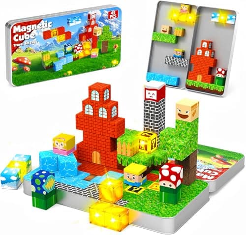 Goody King 45pcs Travel Toys Magnetic Blocks with Metal Box, Light up Magnetic Blocks, Educational STEM Toys for Kids 3 4 5 6 7 8 9 10, Travel Construction Play Set, Christmas Birthday Gifts - Image 1