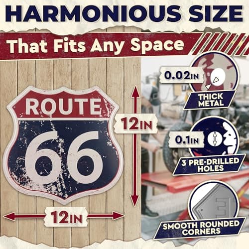 Route 66 Sign - Easy to Hang Tin Signs Vintage Style 12×12 Inch | Route 66 Decor For Bedroom, Man Cave, Garage, Workshop, Bar, Cafe - Retro Road Signs Cars Wall Decor for Gifting and Party Decoration - Thumbnail 2