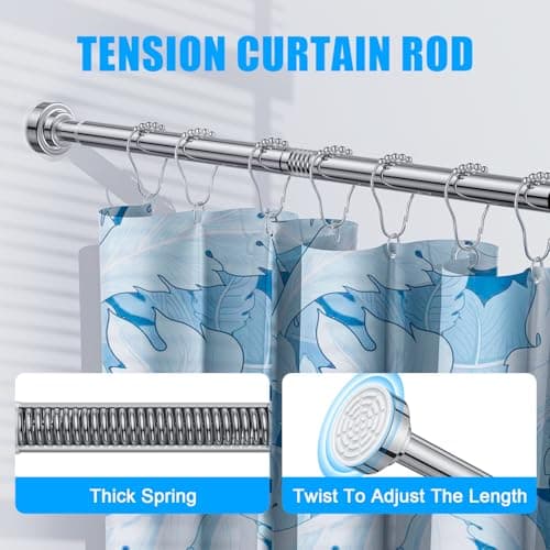 TEECK Shower Curtain Rod, 32-80 inch Adjustable Spring Tension Curtain Rod, Never Rust Anti-Slip Shower Curtain Rod for Bathroom, No Drilling, Never Collapse, Easy to Use, Silver - Thumbnail 2