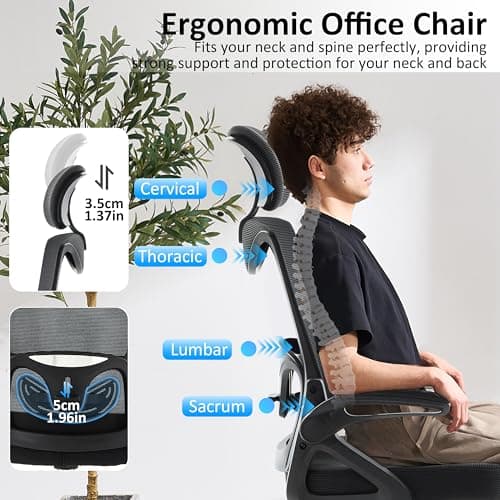 Fizzin Ergonomic Office Chair,Ergonomic Desk Chair with Headrest Mesh Computer Chair with High Back Adjustable Lumbar Support, Rolling Swivel Chairs with Wheel Armrests for Home Office,Black - Thumbnail 3
