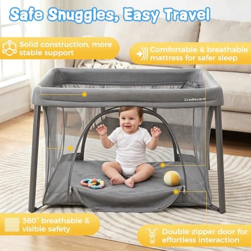 Cradlecare Travel Pack and Play with Bassinet & Mattress, Lightweight Portable Baby Bed, Foldable Playard for Travel & Home, Easy Setup Playpen for Babies & Toddlers with Storage Bag (Grey) - Thumbnail 3