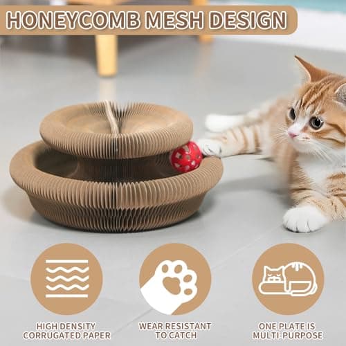DFQ Kitty Kurlz, Magic Organ Cat Scratching Board Toy with Balls Bells,Made of Recyclable Corrugated Cardboard,Interactive Mental Physical Exercise Cat Toys for Indoor Cats(Brown) - Thumbnail 3
