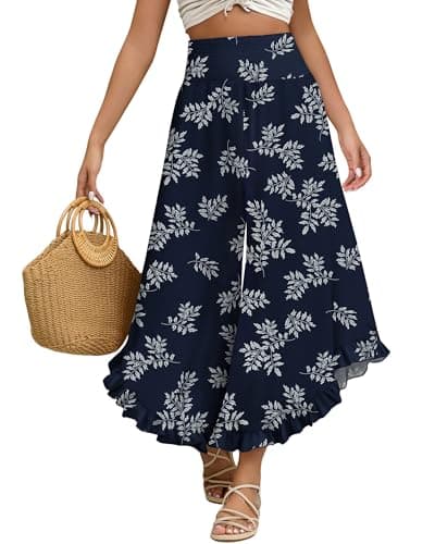 IEEILULU Wide Leg Pants for Women - Beach Pants for Women Flowy Floral Palazzo Pants High Waisted Pants Beach Vacation Outfits Navy Blue Flower S - Thumbnail 4