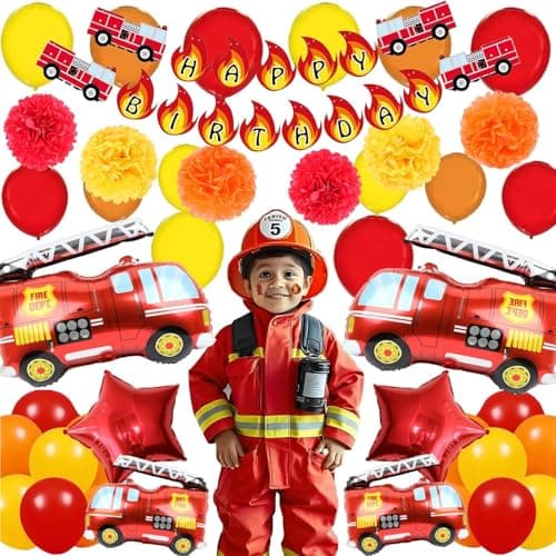 Fire Truck Birthday Party Decorations Kit – Fire Truck Balloons, Firefighter Theme Supplies with Banner , Table Cover, Cake Toppers, Tattoo Stickers for Kids & Boys - Thumbnail 6