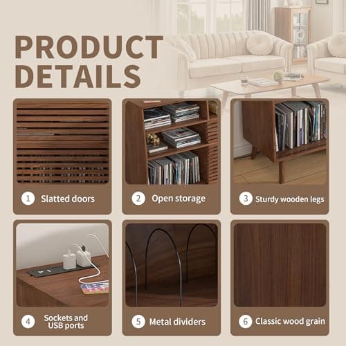 zofiauai Mid Century Record Player Stand, Large Vinyl Turntable Console with Doors, Charging Station, 451 Albums Capacity Media Storage Shelf, Entertainment Center for Living Room, Bedroom, Walnut - Thumbnail 6