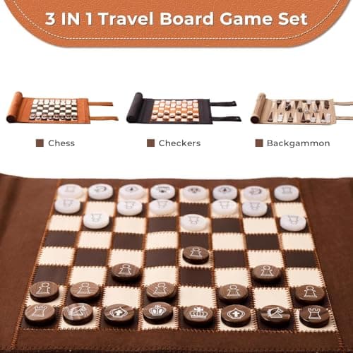 Woodronic Travel Backgammon Set 3 in 1 Chess & Checkers Board Game for Teens Adults Roll Up Leather Portable Games with 32 Premium Pearl Pieces 5 Dice 11x8.5 Inch Family Travel Gift - Thumbnail 6